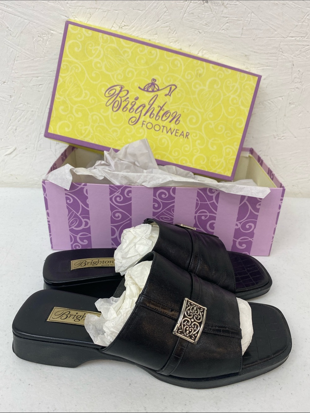 Brighton Black Leather Slide sandals Beth Decorative Silver Buckle size 8.5